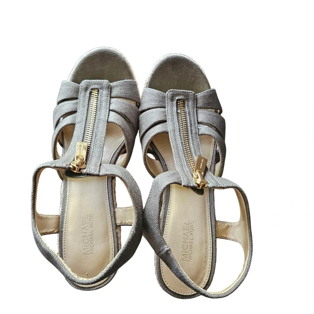Michael Kors Womens Olive‎ Green Canvas Front Zip Espadrille Wedge Sandals 7